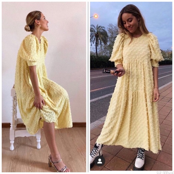 MIDI LOOSE-FITTING TEXTURED DRESS PUFF SLEEVES - Picture 6 of 11